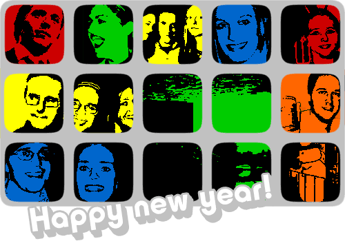 Happy new year: Steve, Joanna, Kate, Elaine, Krystle, Meave, Peter, Waltzer, Susan, Johnny, Catherine, snowman